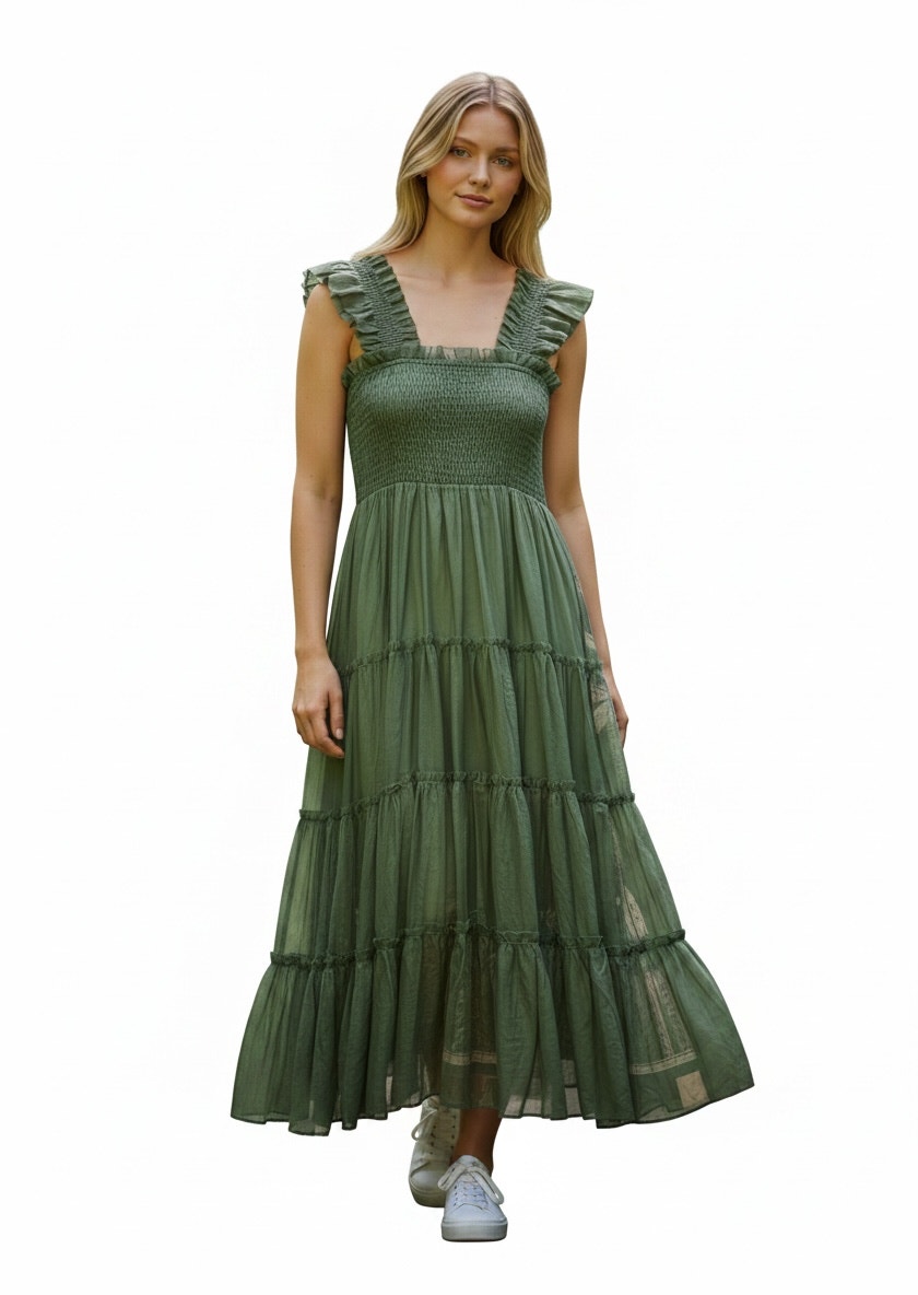 Baltic Born Olive Green Tiered Tulle Midi Dress Smocked Bodice Size M